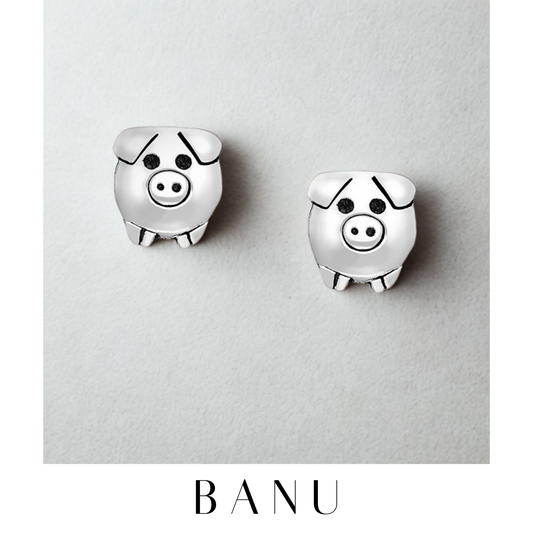 Sterling Silver Pig Stud Earrings – 925 Silver Push-Back Animal Jewelry