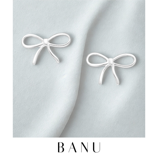 Sterling Silver Ribbon Bow Earrings – 925 Silver Push-Back Studs, Dainty Gift for Her