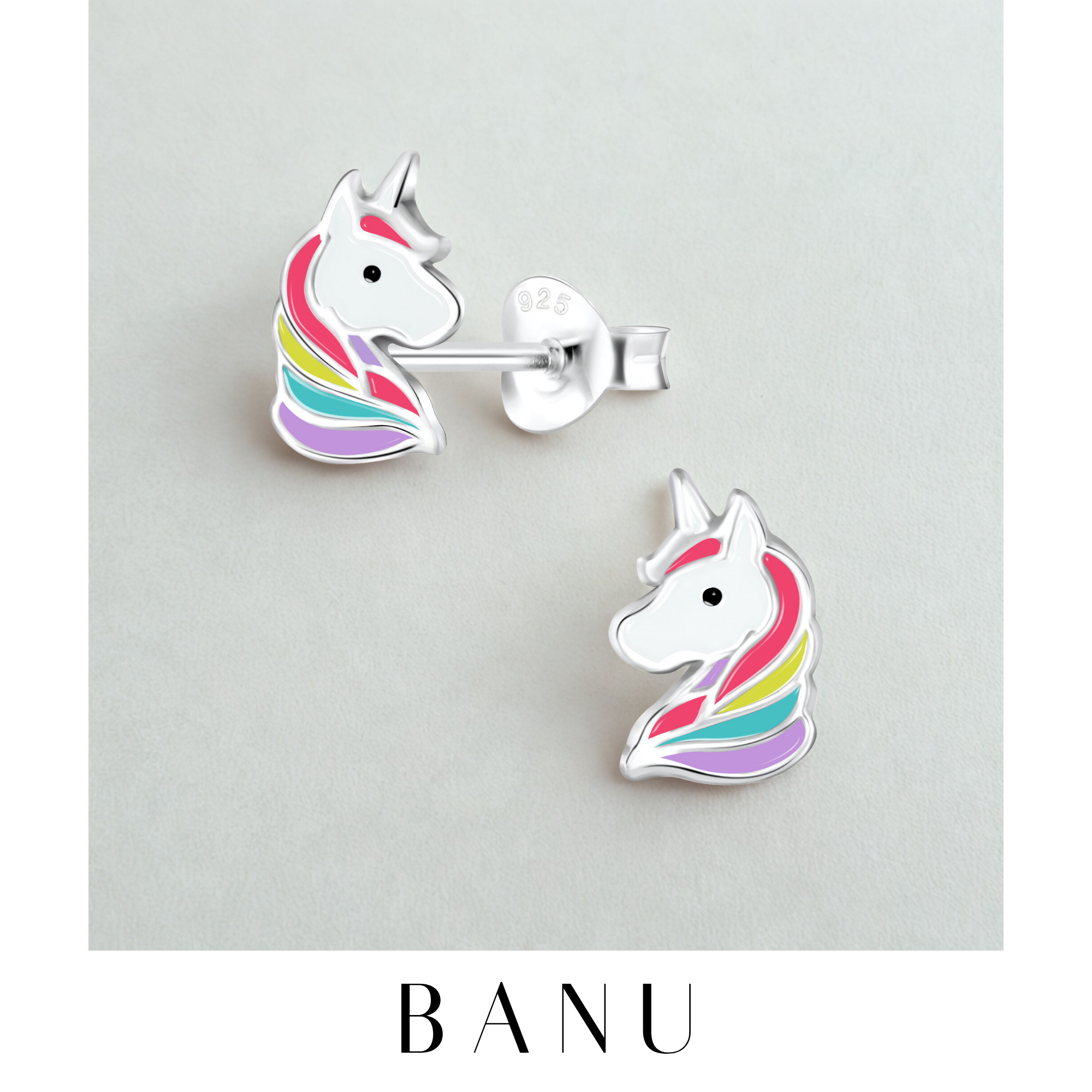 Sterling Silver Unicorn Stud Earrings – 925 Silver Enamel Fantasy Jewelry