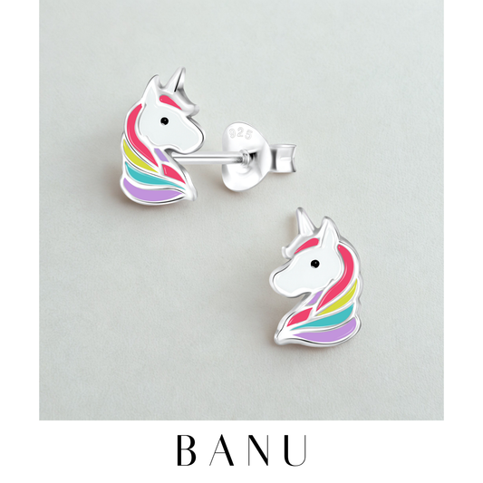 Sterling Silver Unicorn Stud Earrings – 925 Silver Enamel Fantasy Jewelry