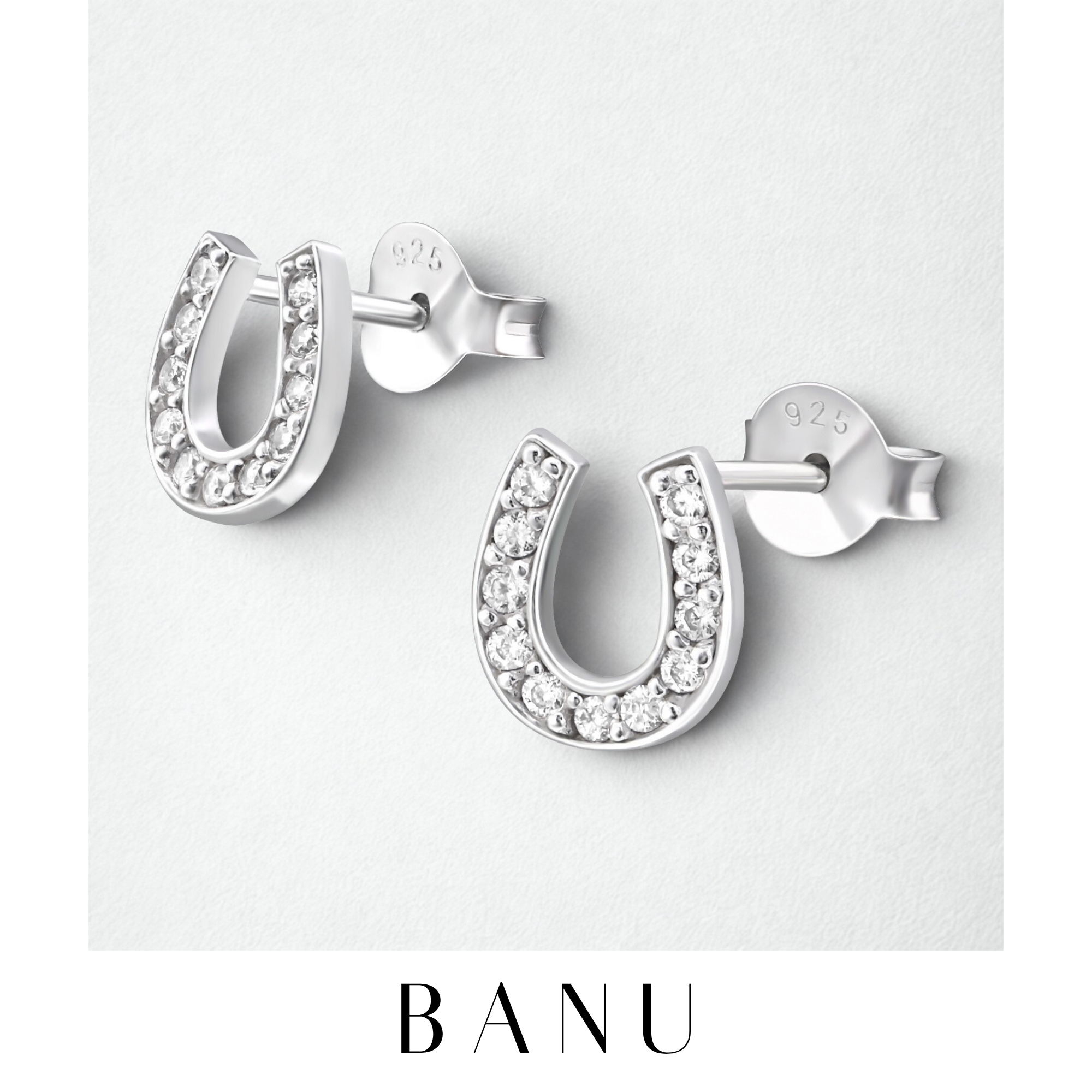 Horseshoe Sterling Silver Stud Earrings – 925 Silver with Cubic Zirconia, Lucky Charm Gift for Her