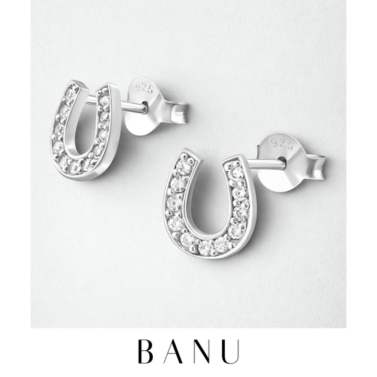 Horseshoe Sterling Silver Stud Earrings – 925 Silver with Cubic Zirconia, Lucky Charm Gift for Her