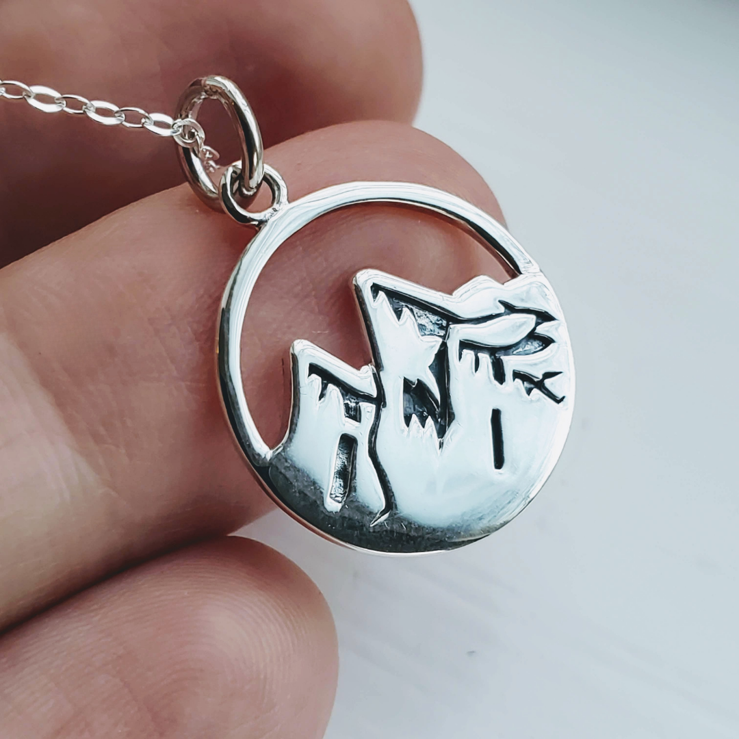 Mountain Sterling Silver Necklace – 925 Silver Pendant with Oxidized Finish, Adventure Gift