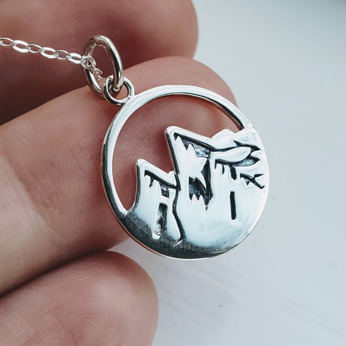 Mountain Sterling Silver Necklace – 925 Silver Pendant with Oxidized Finish, Adventure Gift