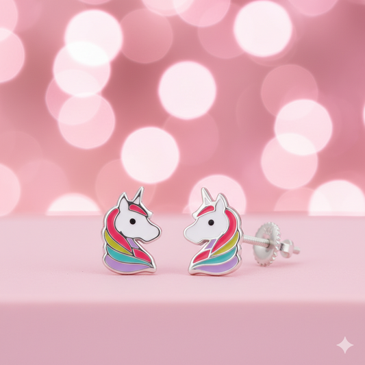 Sterling Silver Unicorn Stud Earrings – 925 Silver Enamel Fantasy Jewelry